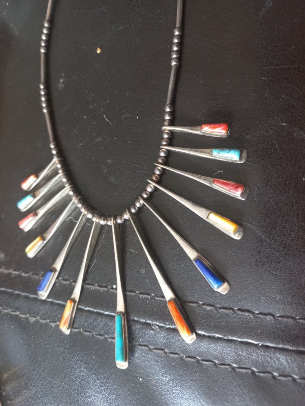 Vintage Native American Southwestern sterling silver fan necklace turquoise cora